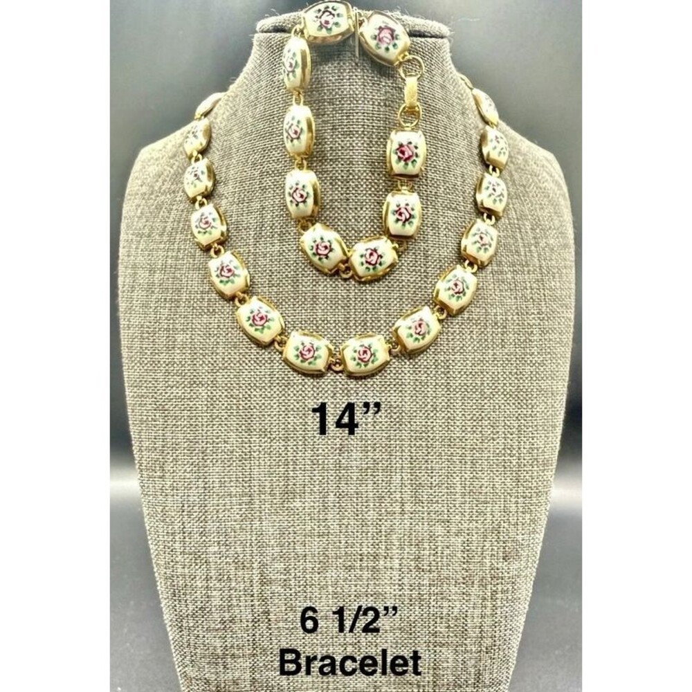 63. Vintage Art Deco Enamel Rose Floral Necklace and Bracelet